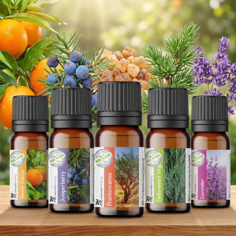 Bottles of essential oils with fruits and flowers in a sunny garden.