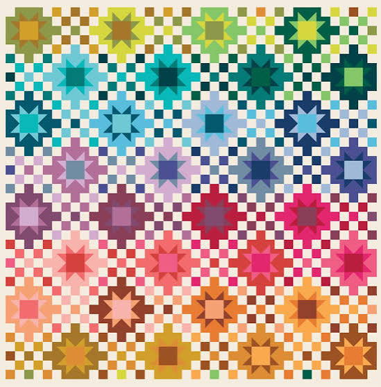 Colorful geometric pattern with star shapes and a checkerboard background.