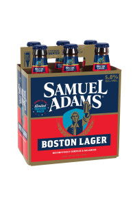 Six-pack of Samuel Adams Boston Lager beer bottles in a cardboard carrier.