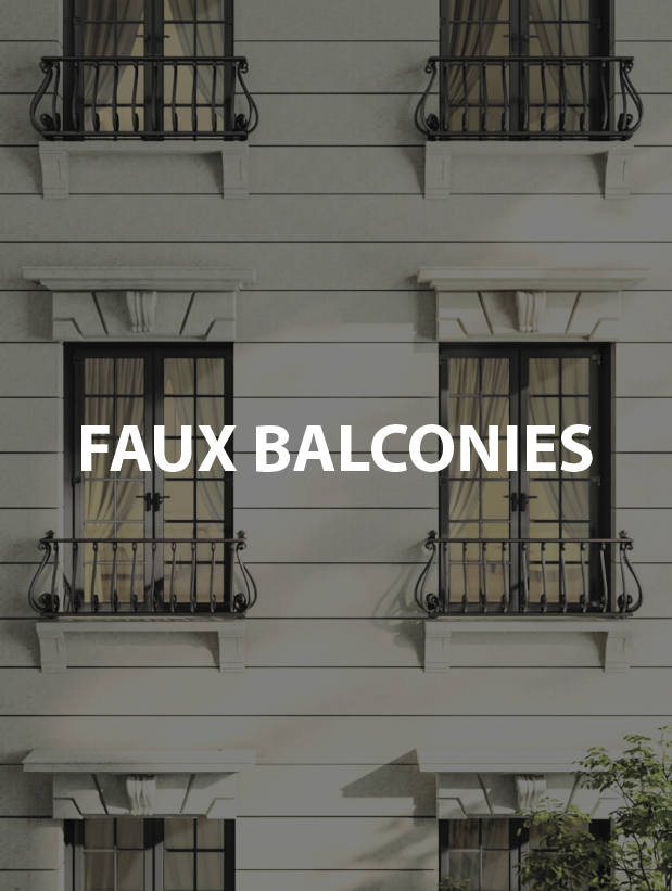 Four windows with balconies and curtains on a building facade.