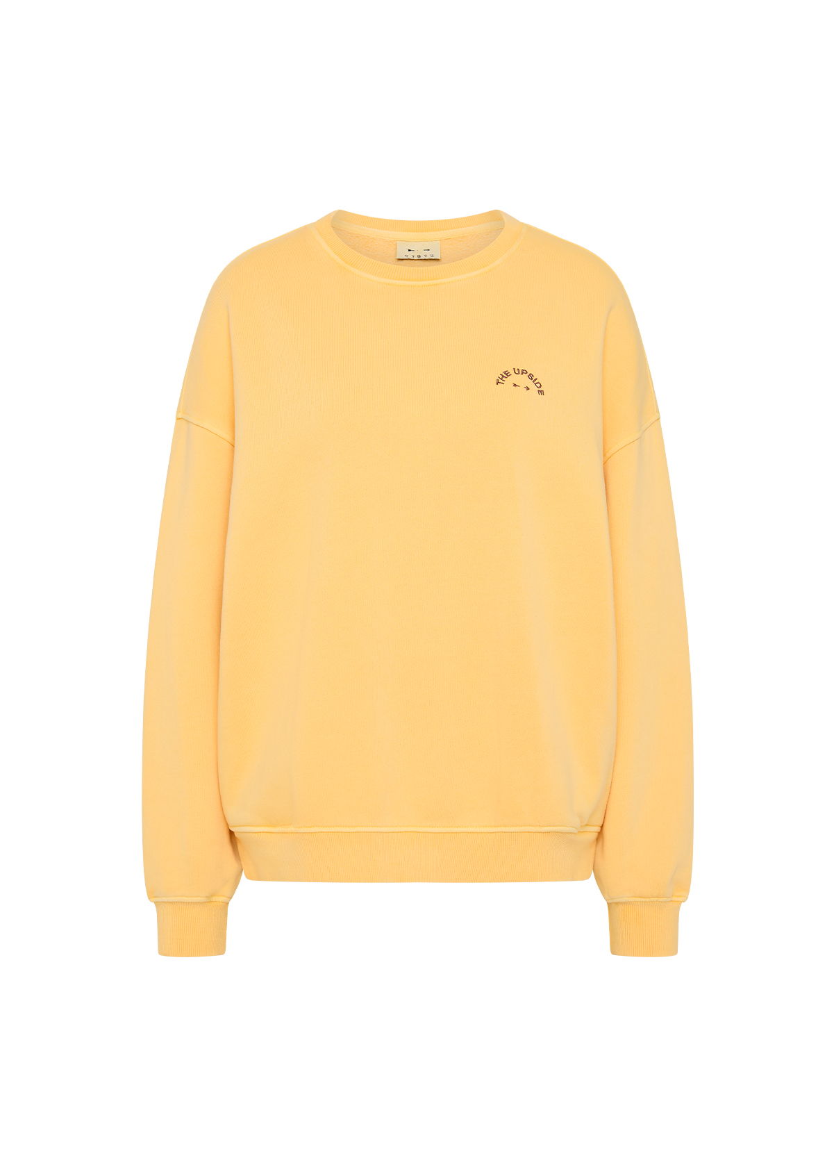 Yellow sweatshirt with a small rainbow design on the chest.