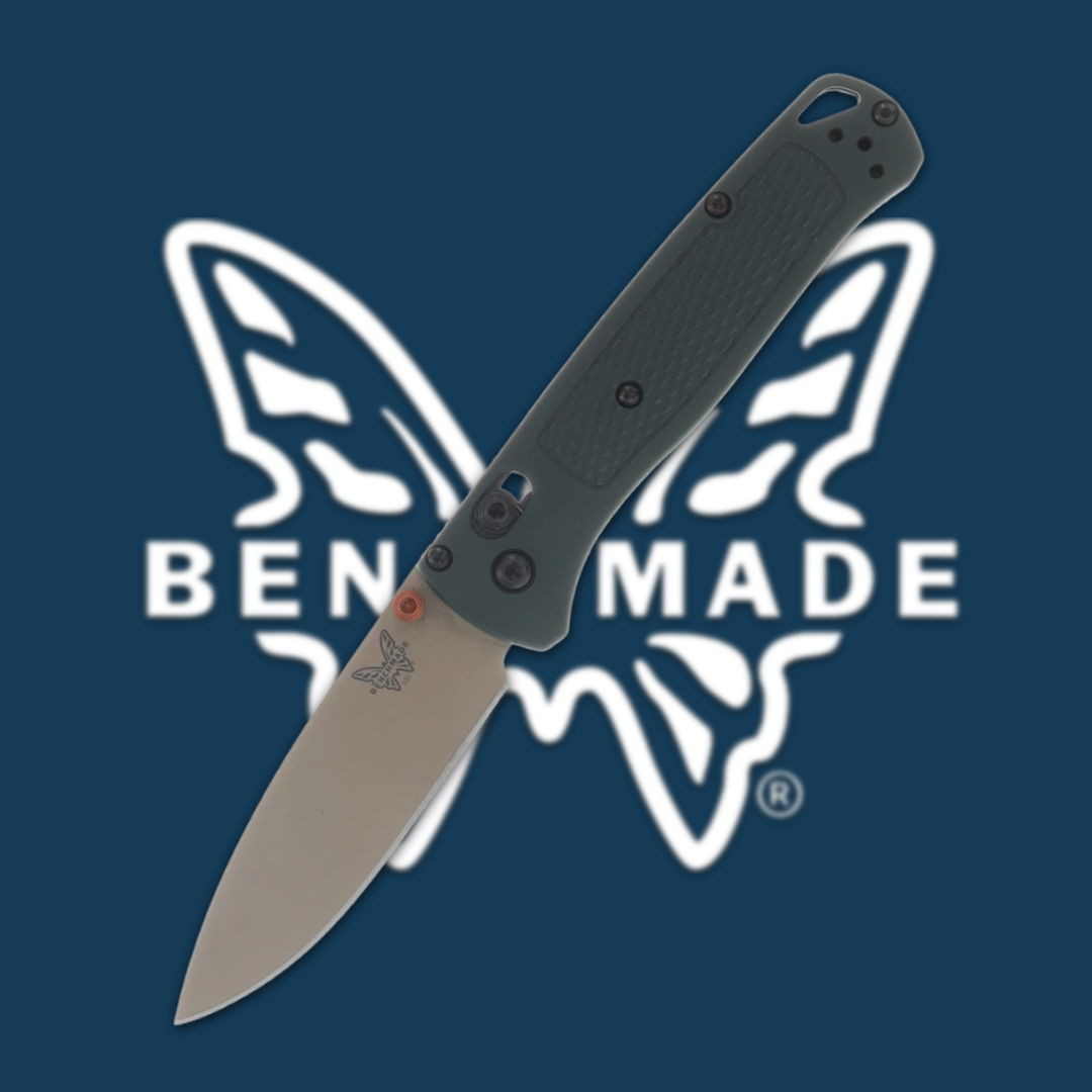 Folding knife with a gray handle against a blue background featuring a logo.