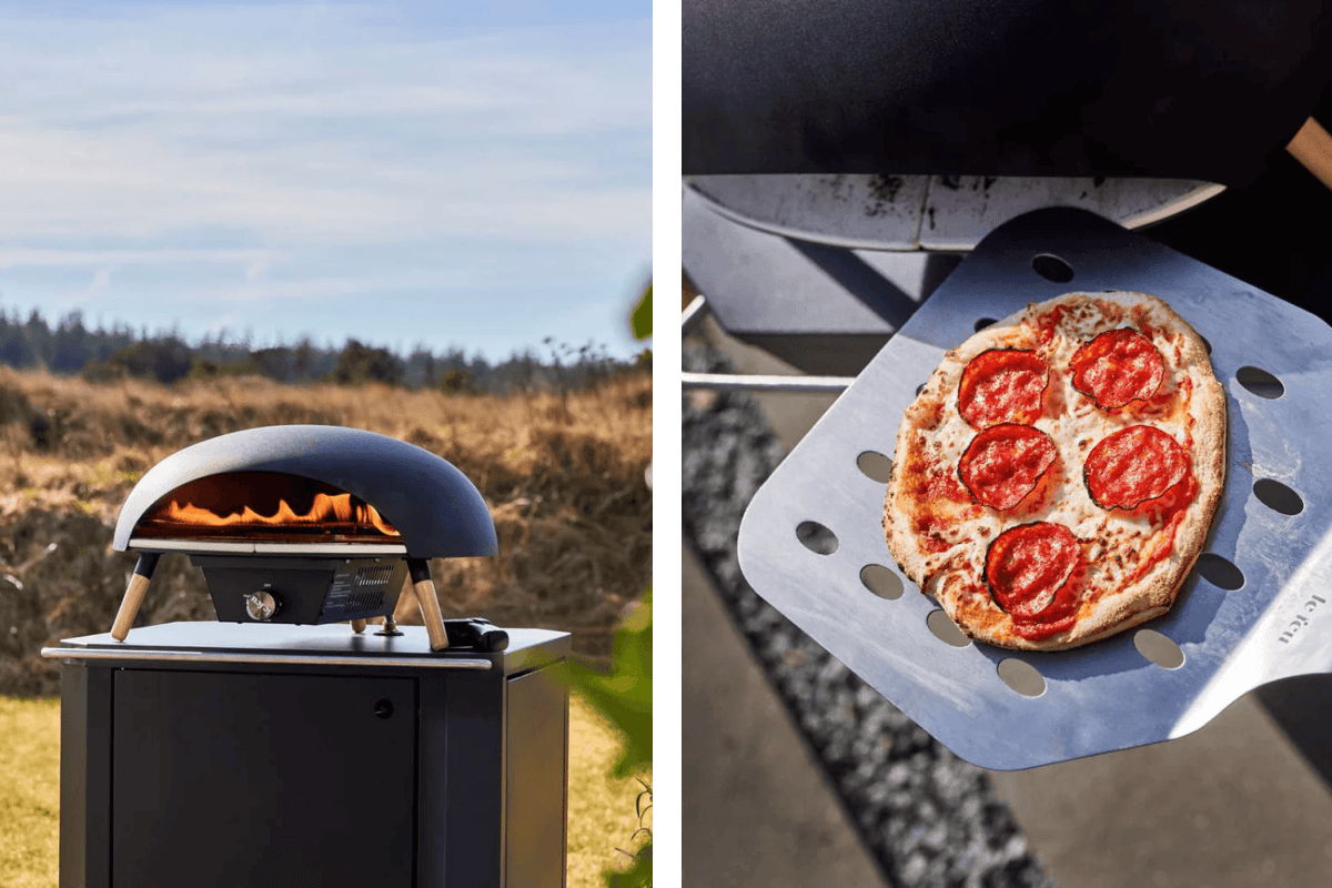 Outdoor pizza oven with a fresh pepperoni pizza, perfect for backyard gatherings and summer outdoor cooking.