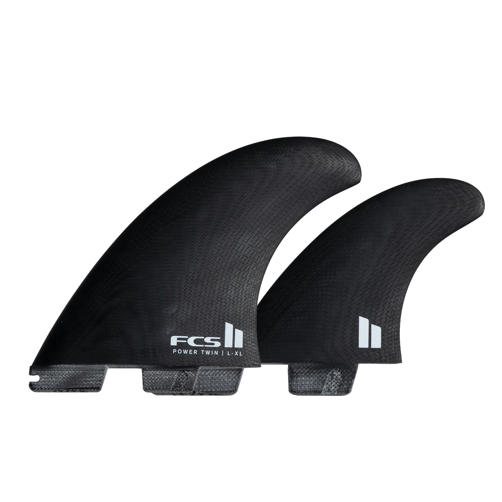Two black surfboard fins side by side.