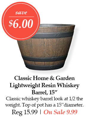 Classic Home and Garden Lightweight Resin Whiskey Barrel, 15-inch – Save $6.00! Classic whiskey barrel look at half the weight. Top of pot has a 15-inch diameter. | Regular price $15.99. On Sale $9.99