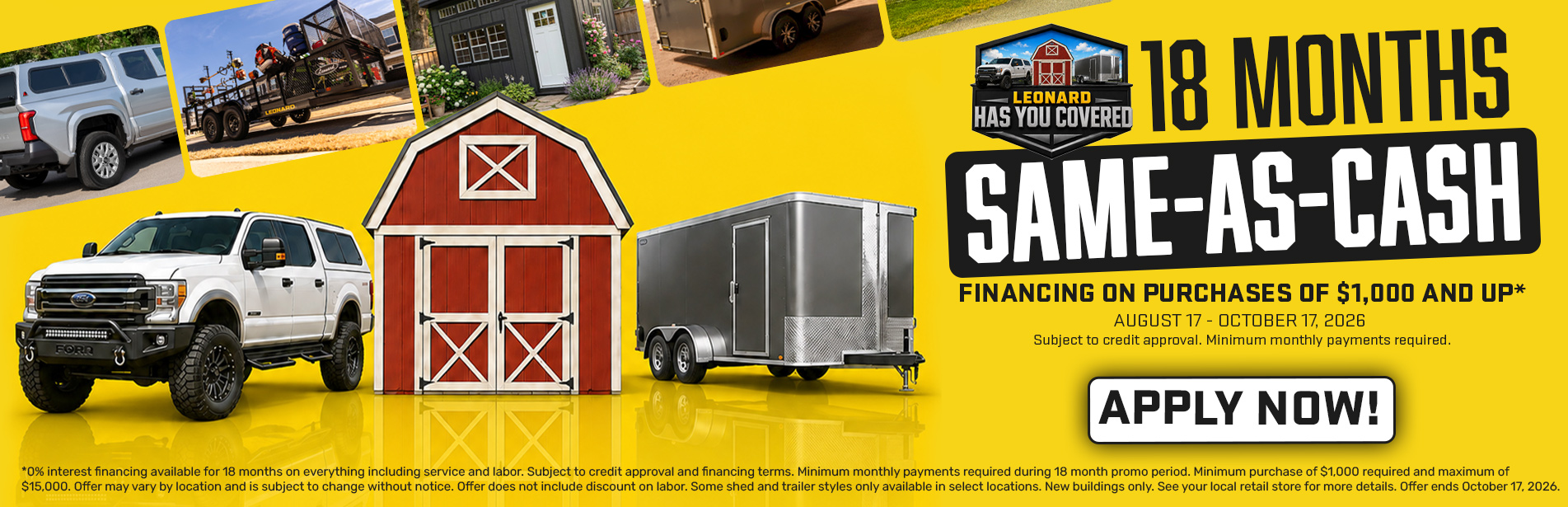 Promotional banner for 18 months same-as-cash financing with vehicles and trailer images.