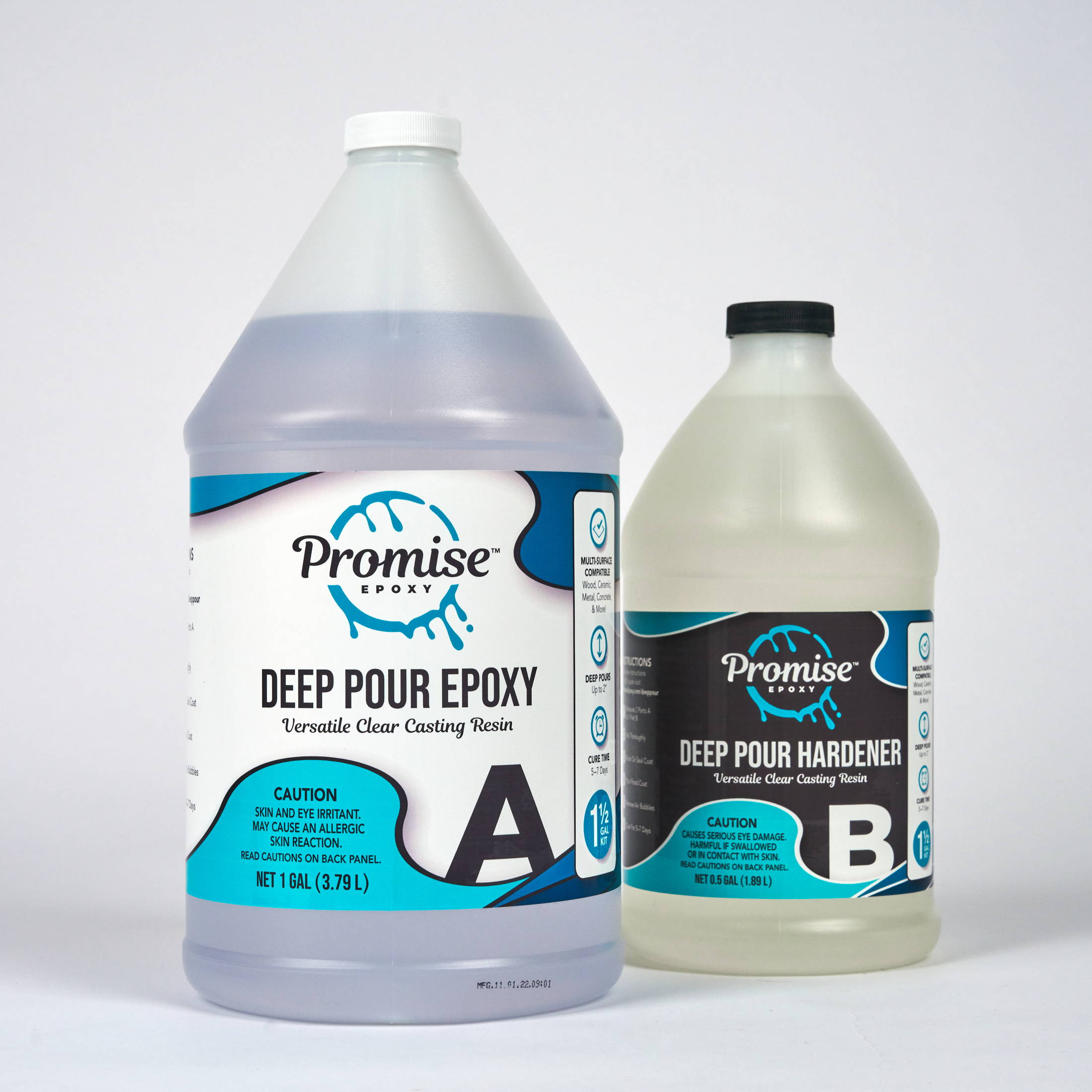 deep pour epoxy bottles part A and part B on a grey background