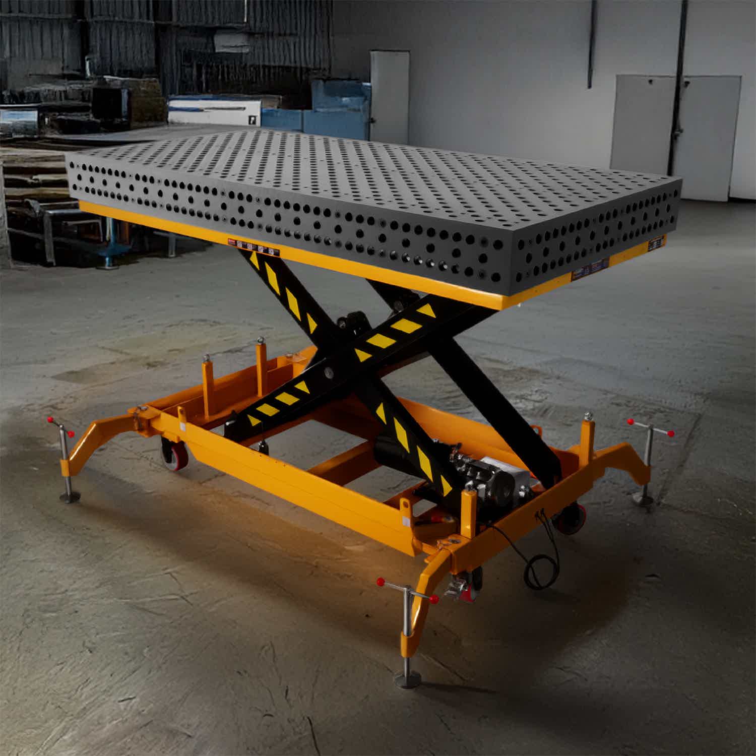 Scissor lift table with a textured surface in a warehouse setting.