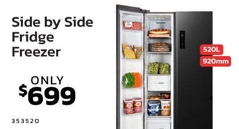 Side by side fridge freezer with contents, price $699.