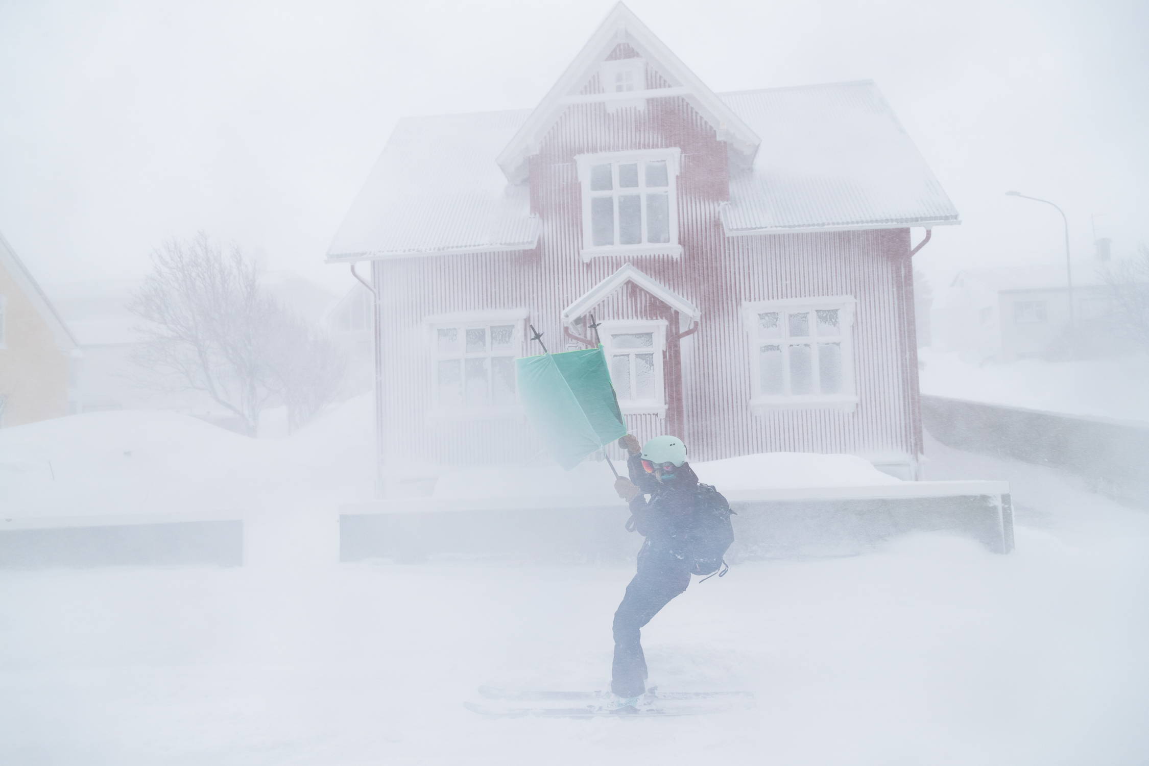 skier in blizzard