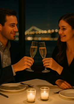 Couple clinking champagne glasses during a candlelit dinner to celebrate a special moment.