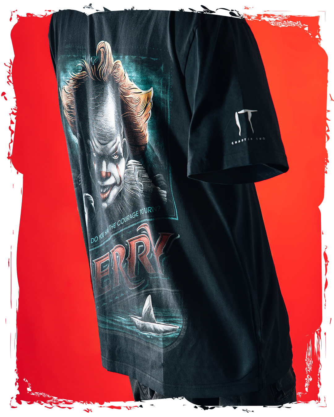 Black t-shirt featuring a clown graphic against a red background.