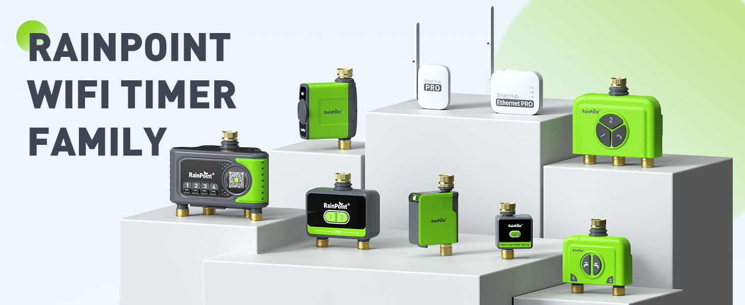 Rainpoint WiFi timer family displayed on pedestals with a modern design.