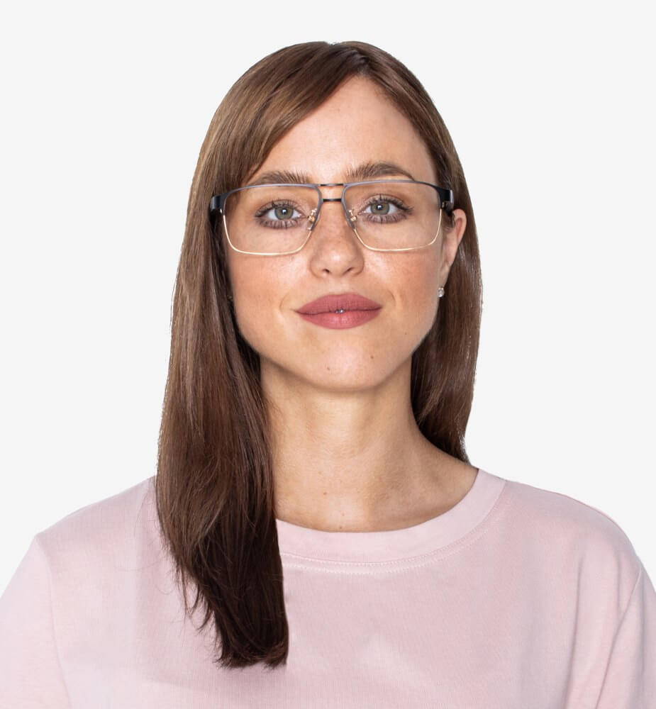 Woman wearing pink shirt and Euphoria Gold, Rectangle two-tone Glasses Shapes in Black & Gold Metal