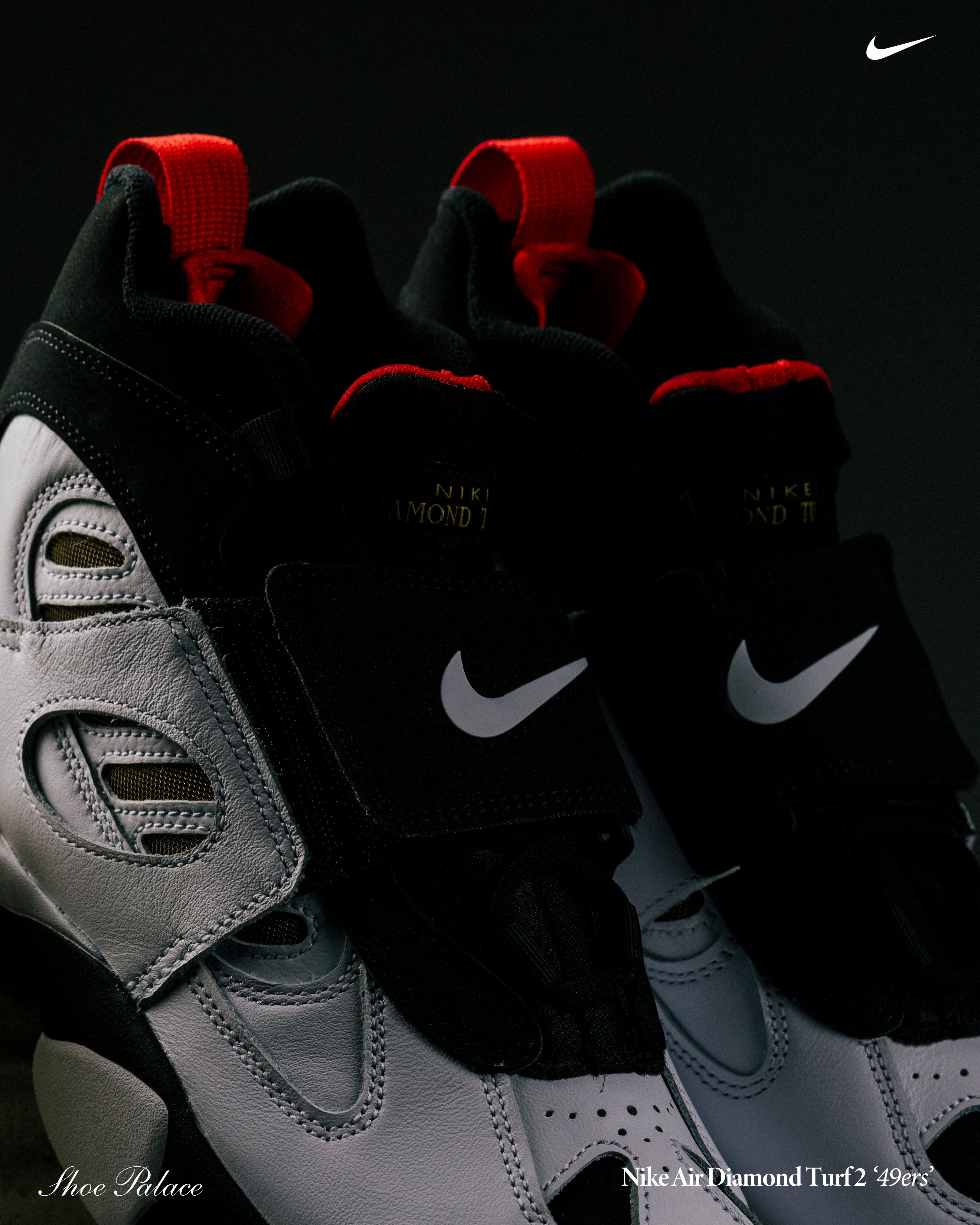 Nike shoes with black, white, and red color scheme on a dark background.