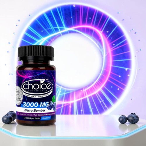 Bottle of berry supplement with glowing background and blueberries.