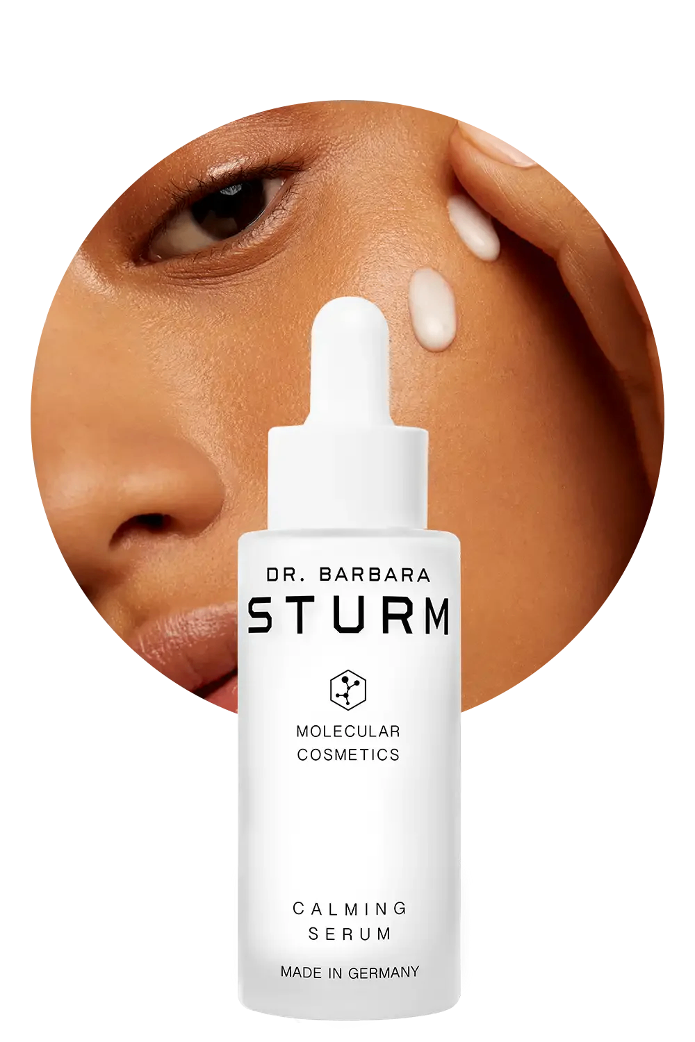 Bottle of Dr. Barbara Sturm Calming Serum with model applying it to skin.
