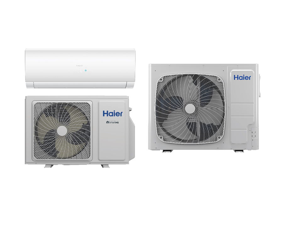 Air conditioning unit with indoor and outdoor components displayed.