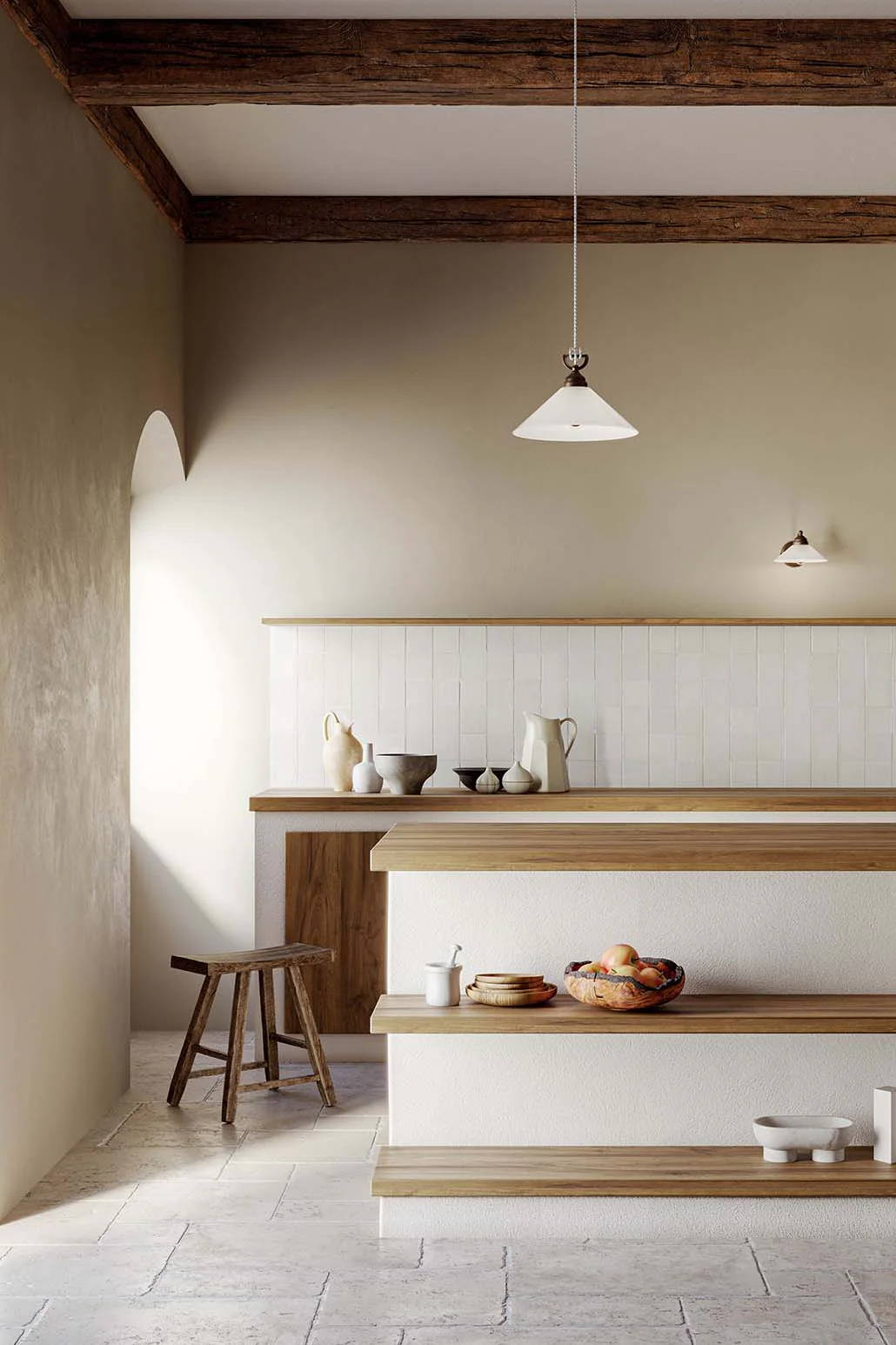 Modern kitchen with wooden accents, light colors, and minimalist decor.
