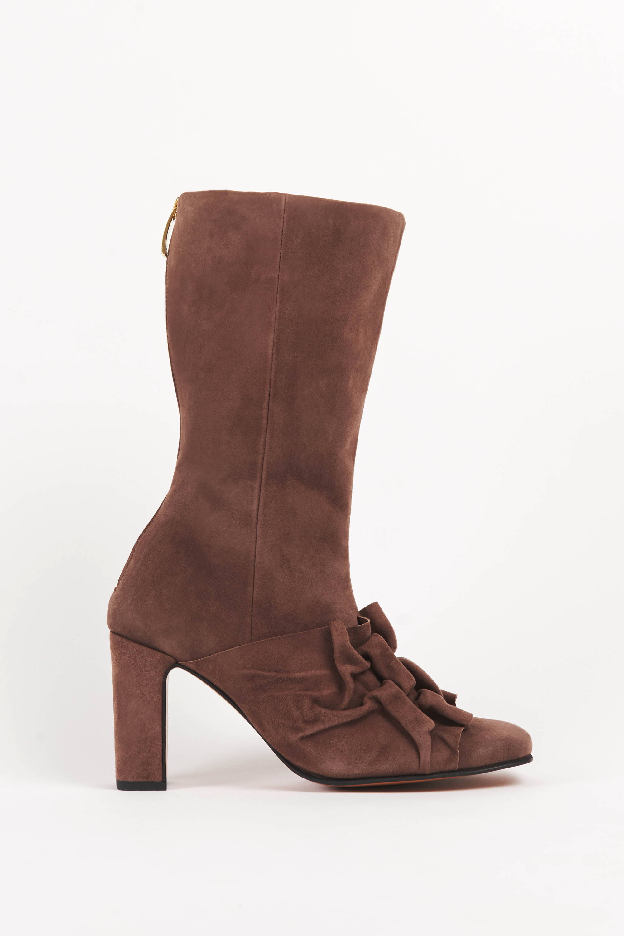 Vandrelaar Greta high-heel ankle boot in brown suede featuring canadian smocking detailing and a gold zip