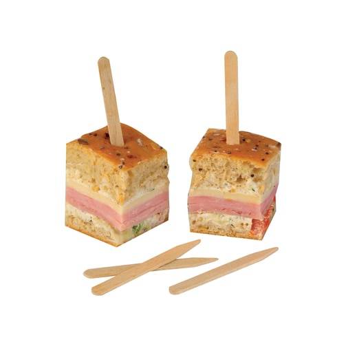Small wooden skewers pushed into a couple of sandwich bites