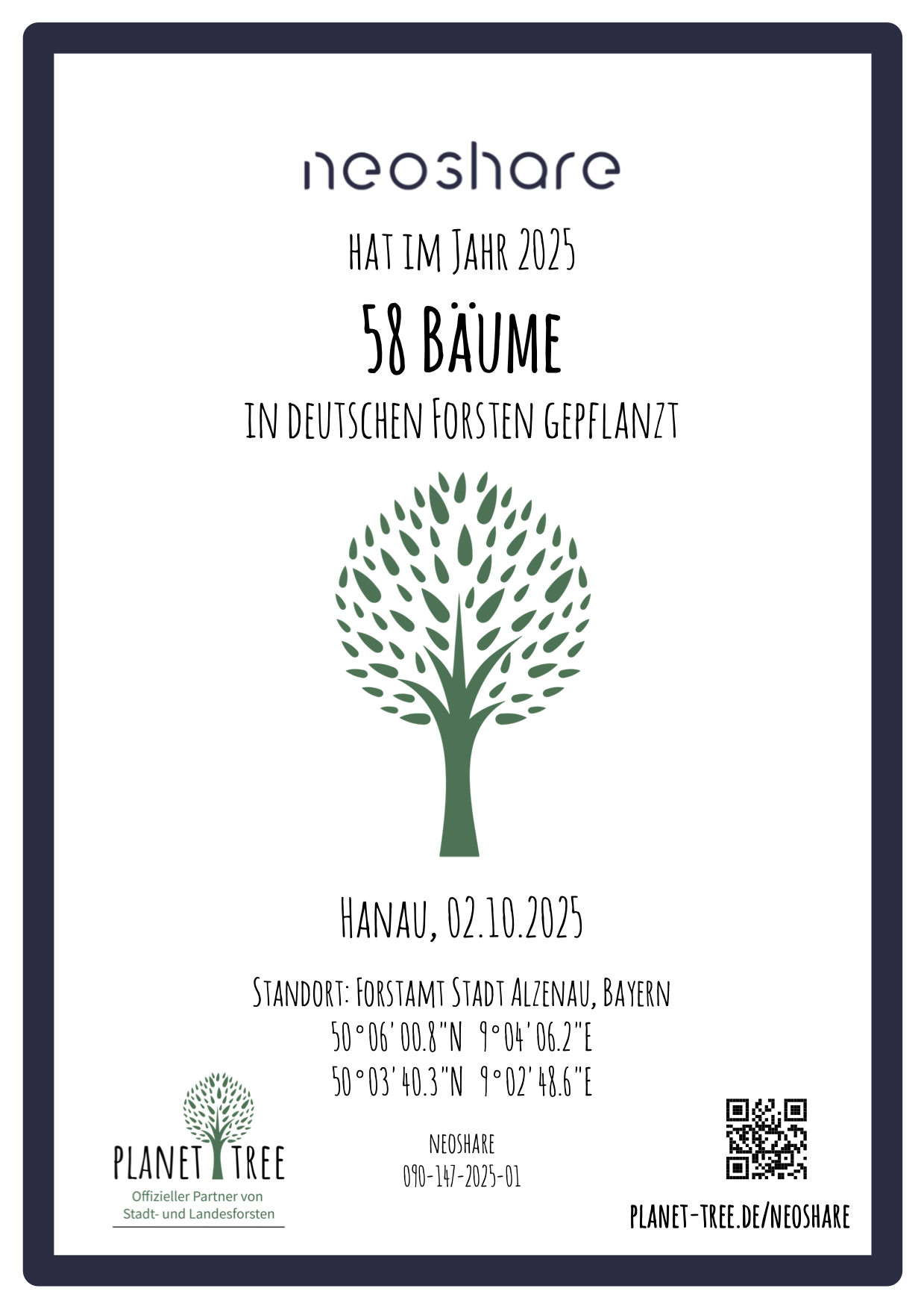 Certificate for planting 58 trees in German forests, dated 02.10.2025.