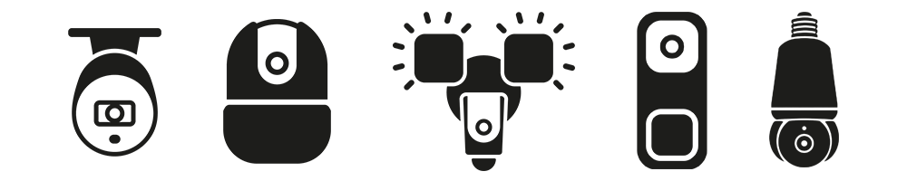 wireless smart camera icons - outdoor, indoor, floodlight, doorbell and lightbulb cameras