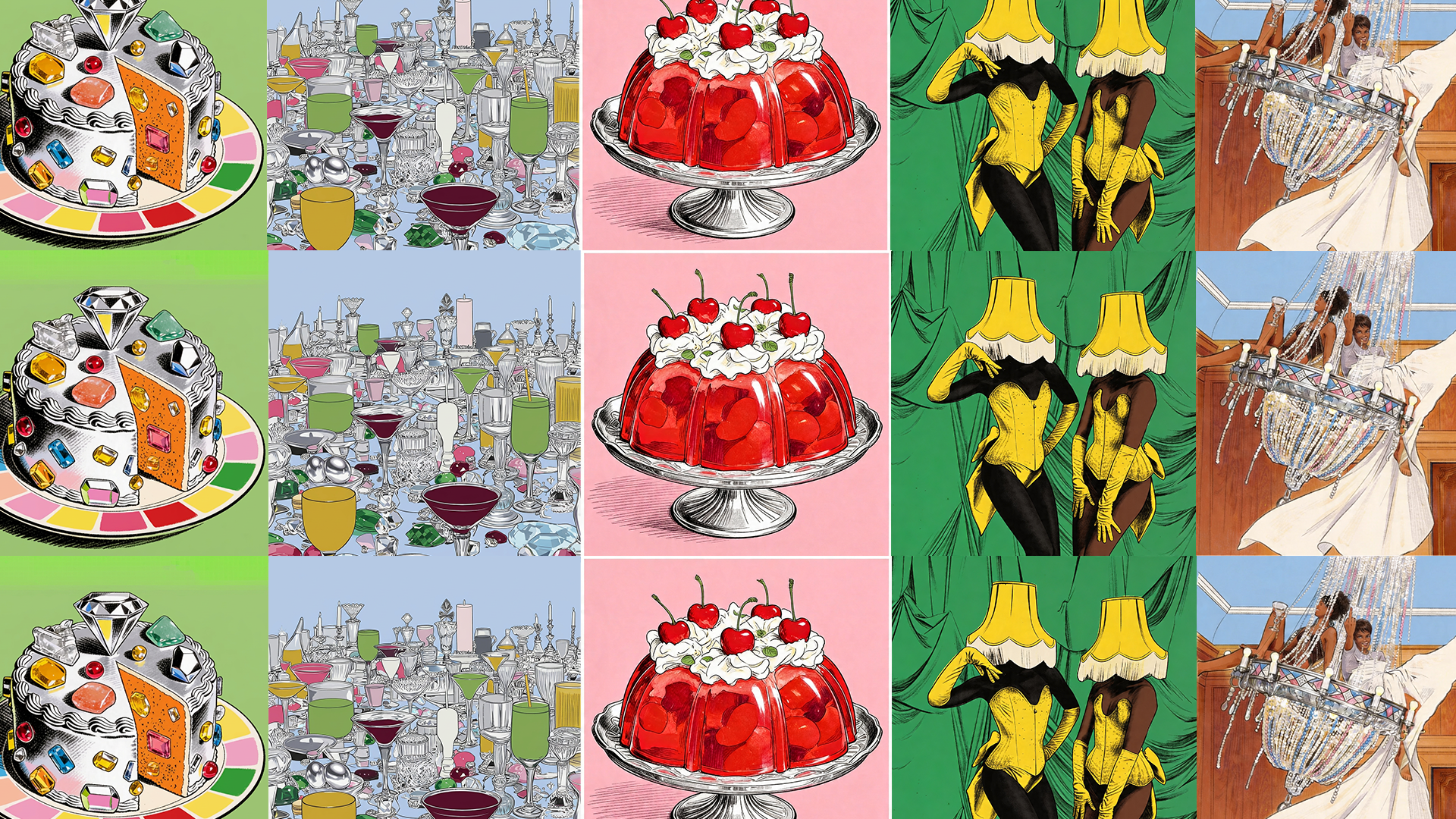 Colorful patterns featuring desserts, drinks, and artistic designs.