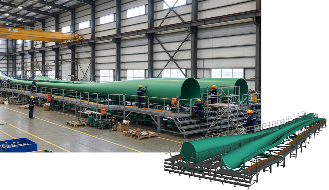 Custom wind turbine blade access platform wrapping full blade span for maintenance, inspection, and installation operations