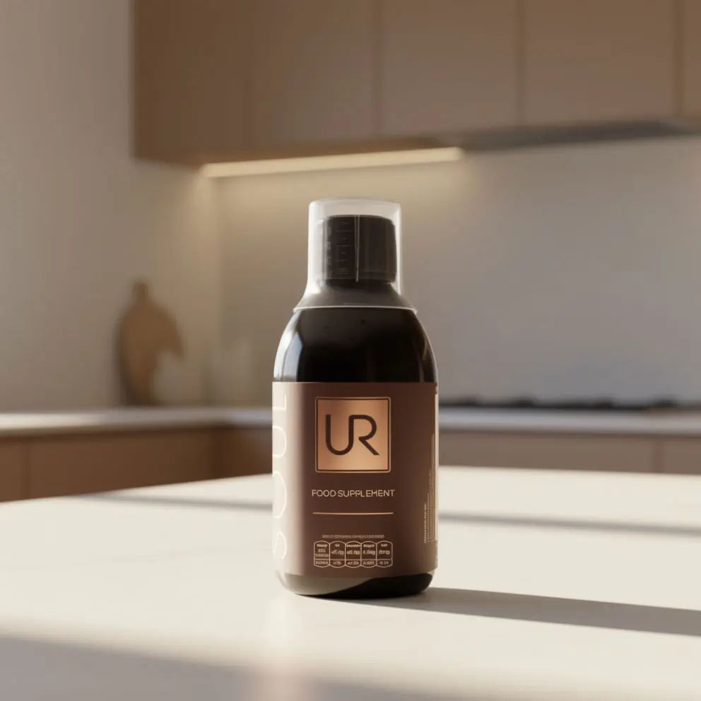 Bottle of SOUL on a kitchen countertop with soft lighting.