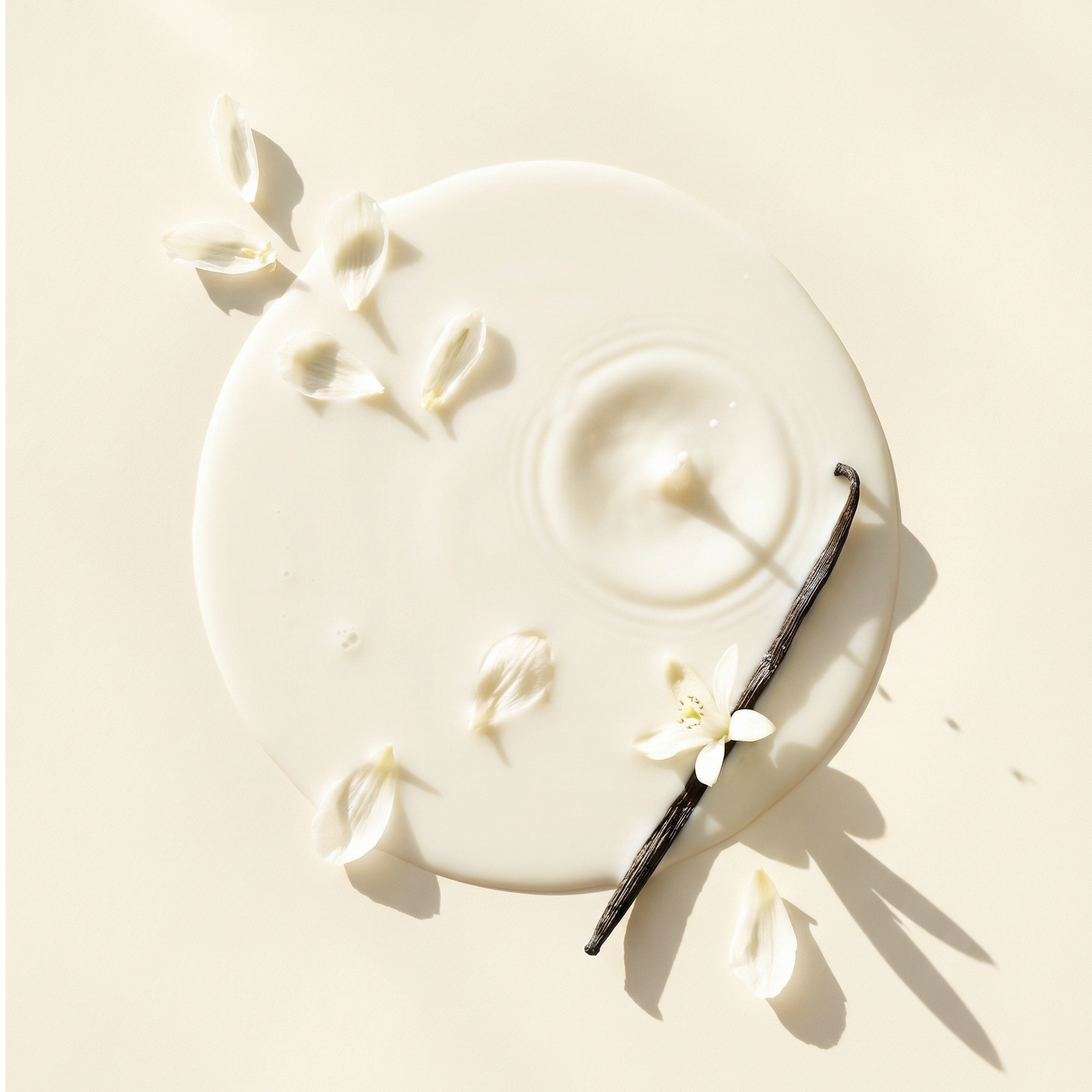 A bottle in a glass filled with white liquid, resembling spilled milk.