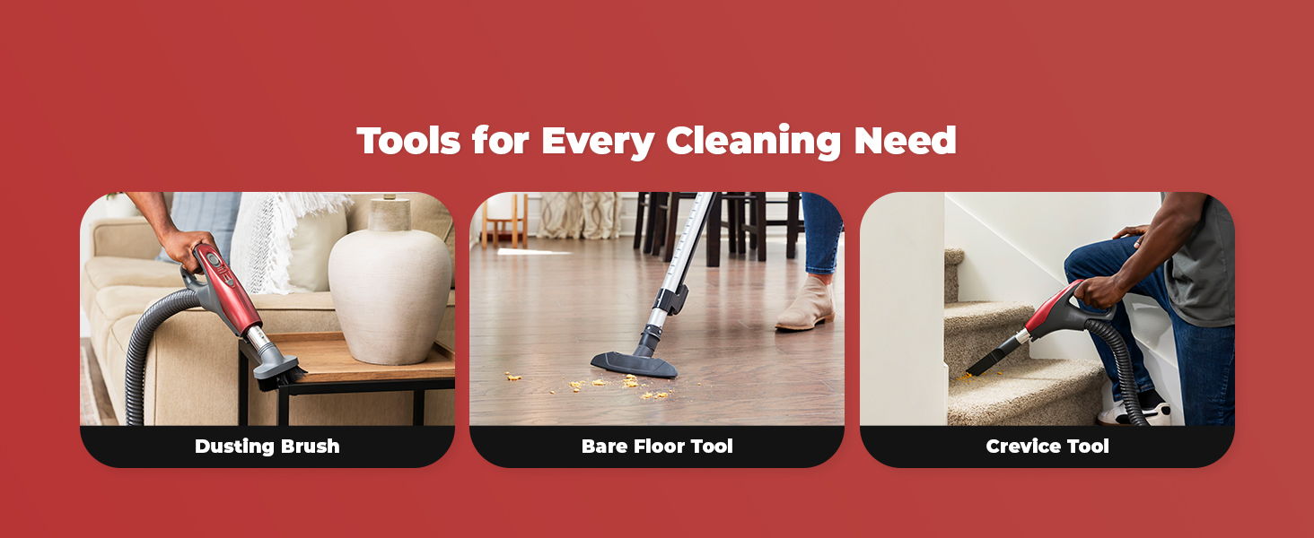 Tools for every cleaning need with various cleaning attachments.