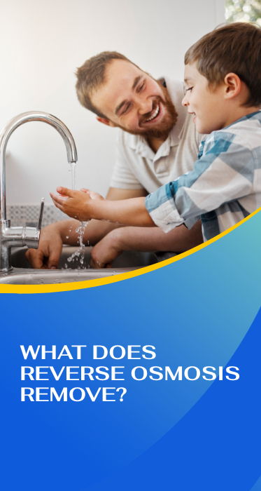 Father and son washing hands at a kitchen sink with text about reverse osmosis.