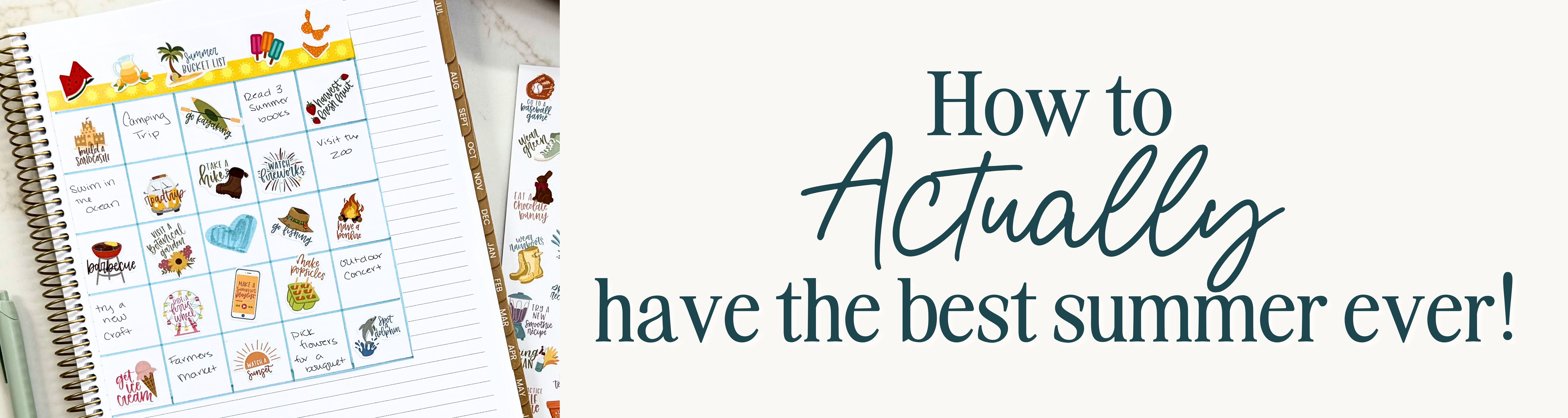 A title banner for the blog with a picture of a colorful bingo board filled with summer bucket list activities like 