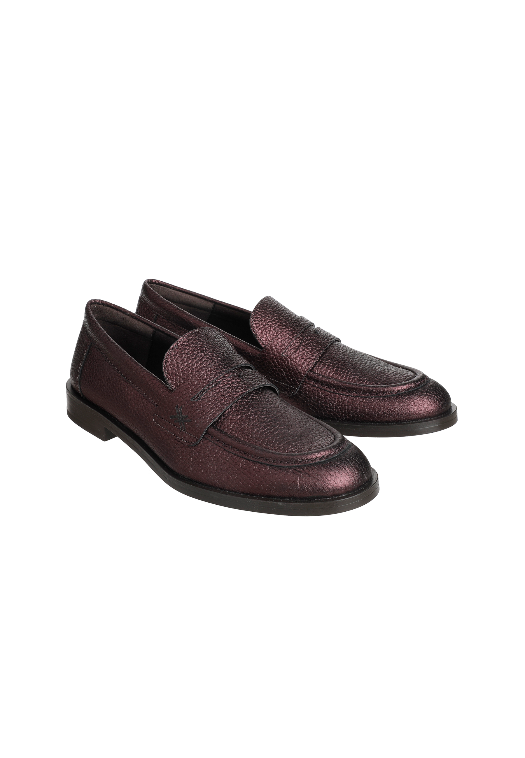 A pair of burgundy leather loafers.