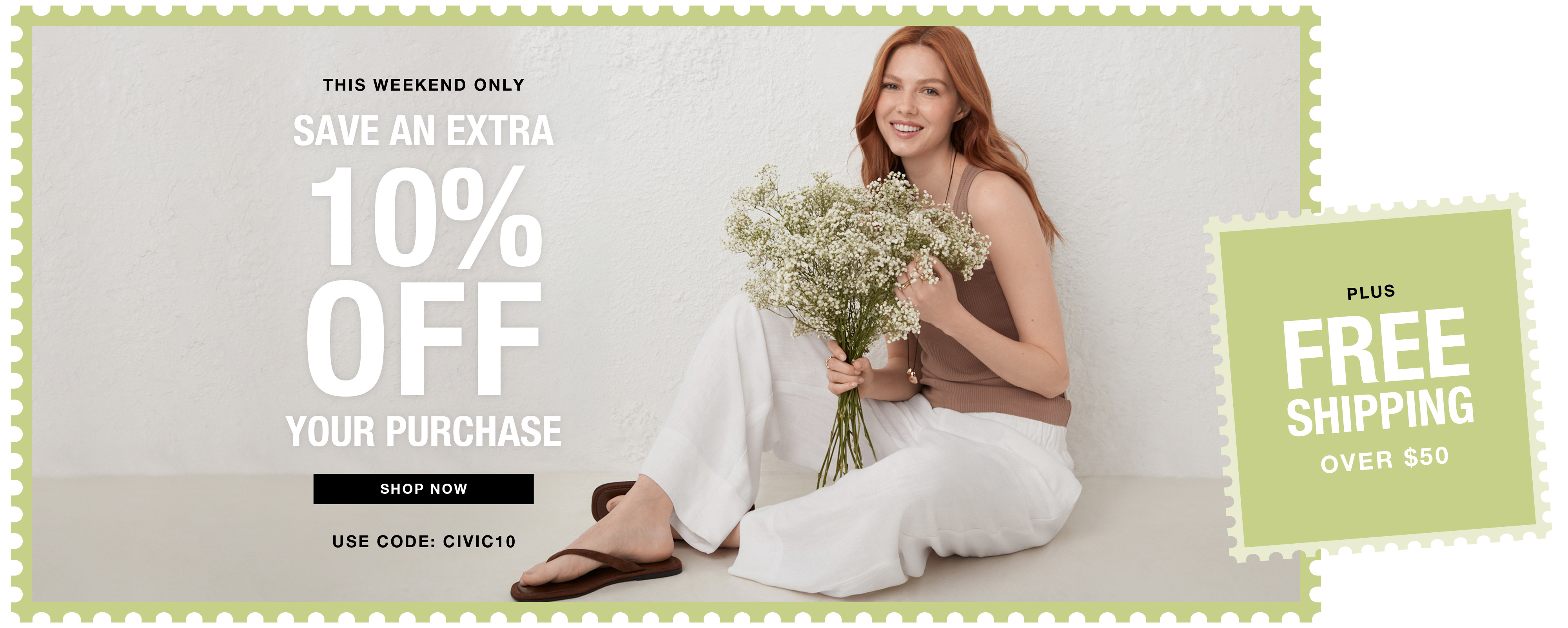 Woman sitting with flowers, promoting 10% off and free shipping.