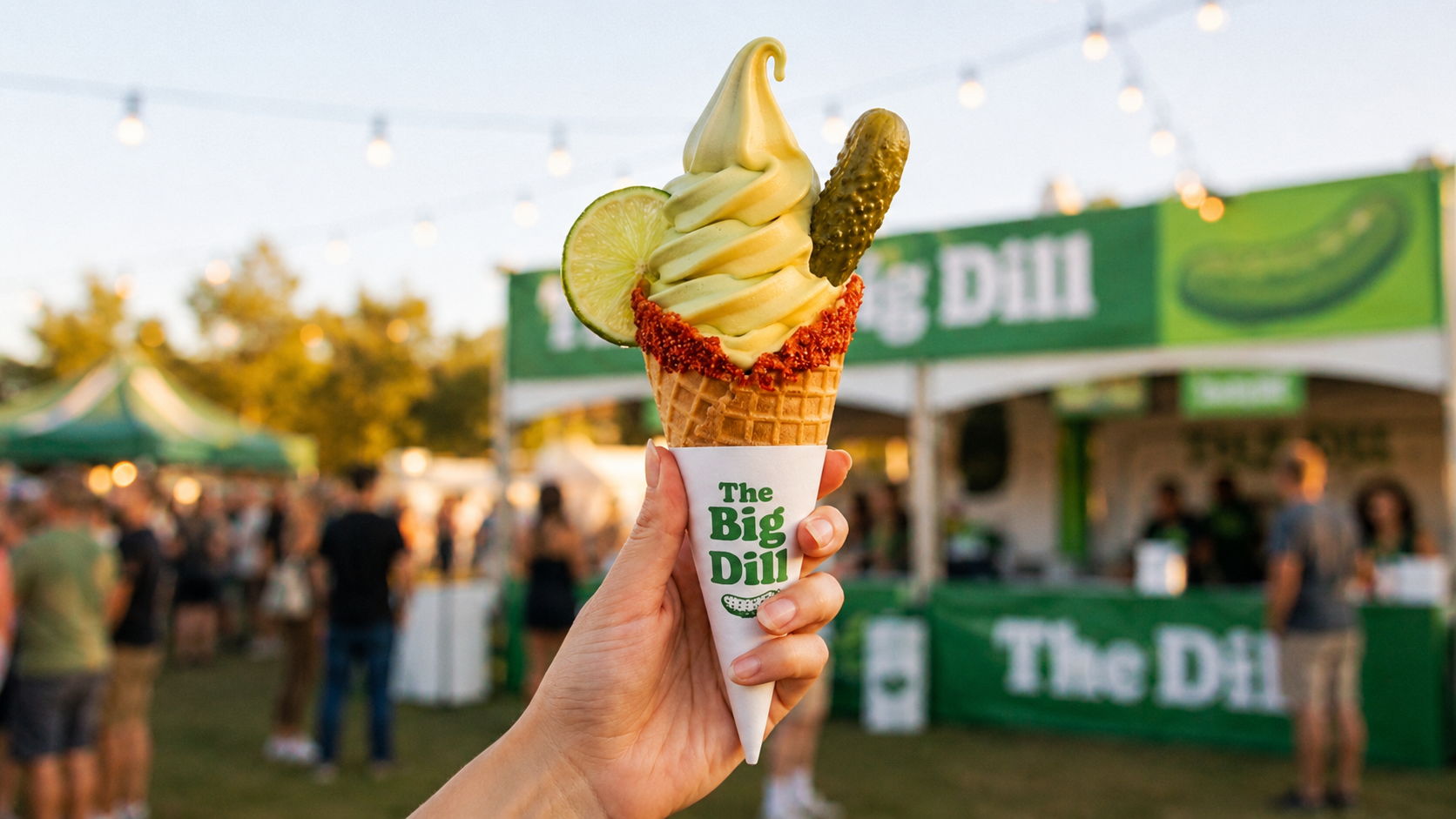 A hand holding a pickle-flavored ice cream cone at a festival.