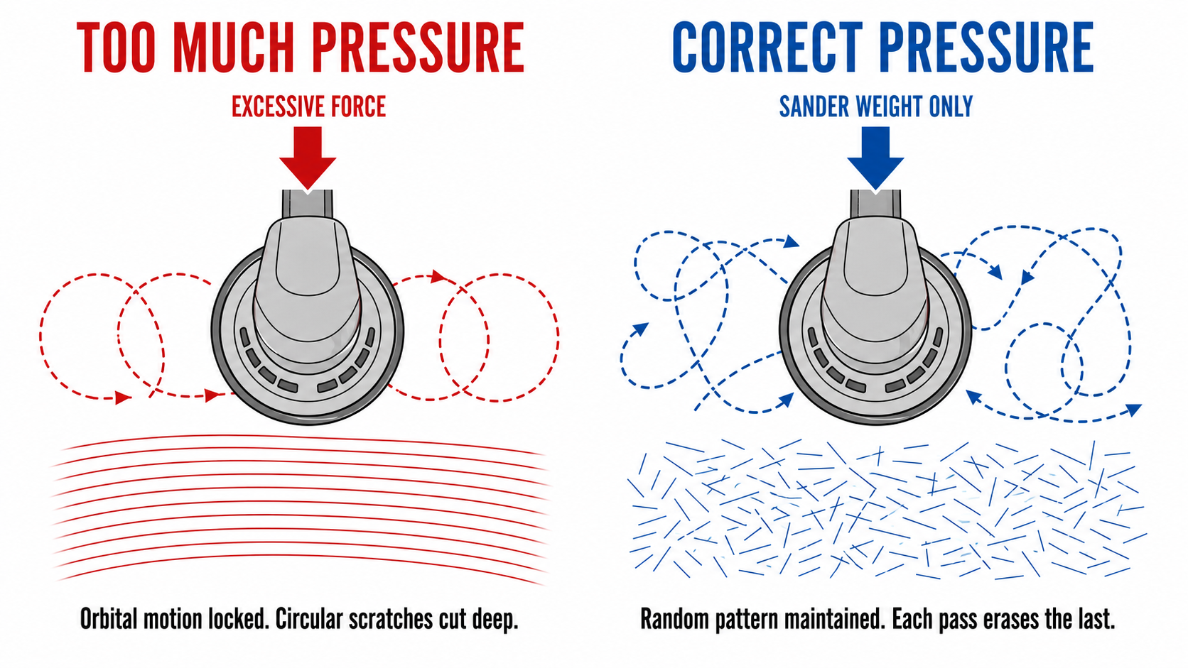 Two-panel diagram comparing locked circular sander motion causing spiral scratches versus correct random orbital pattern