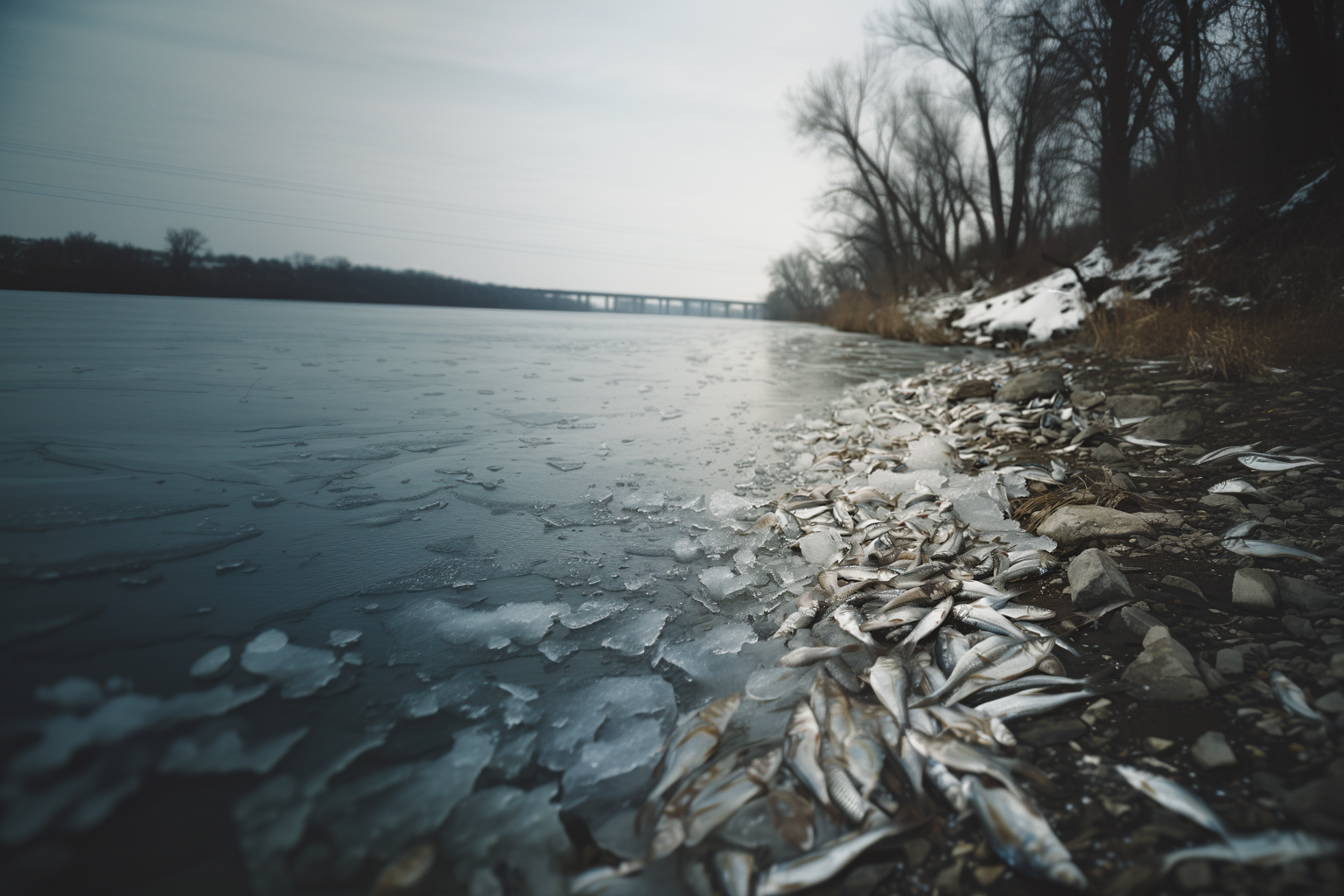 A look down the Des Moines river with frozen dead gizzard shad washed up on it's icy shores.