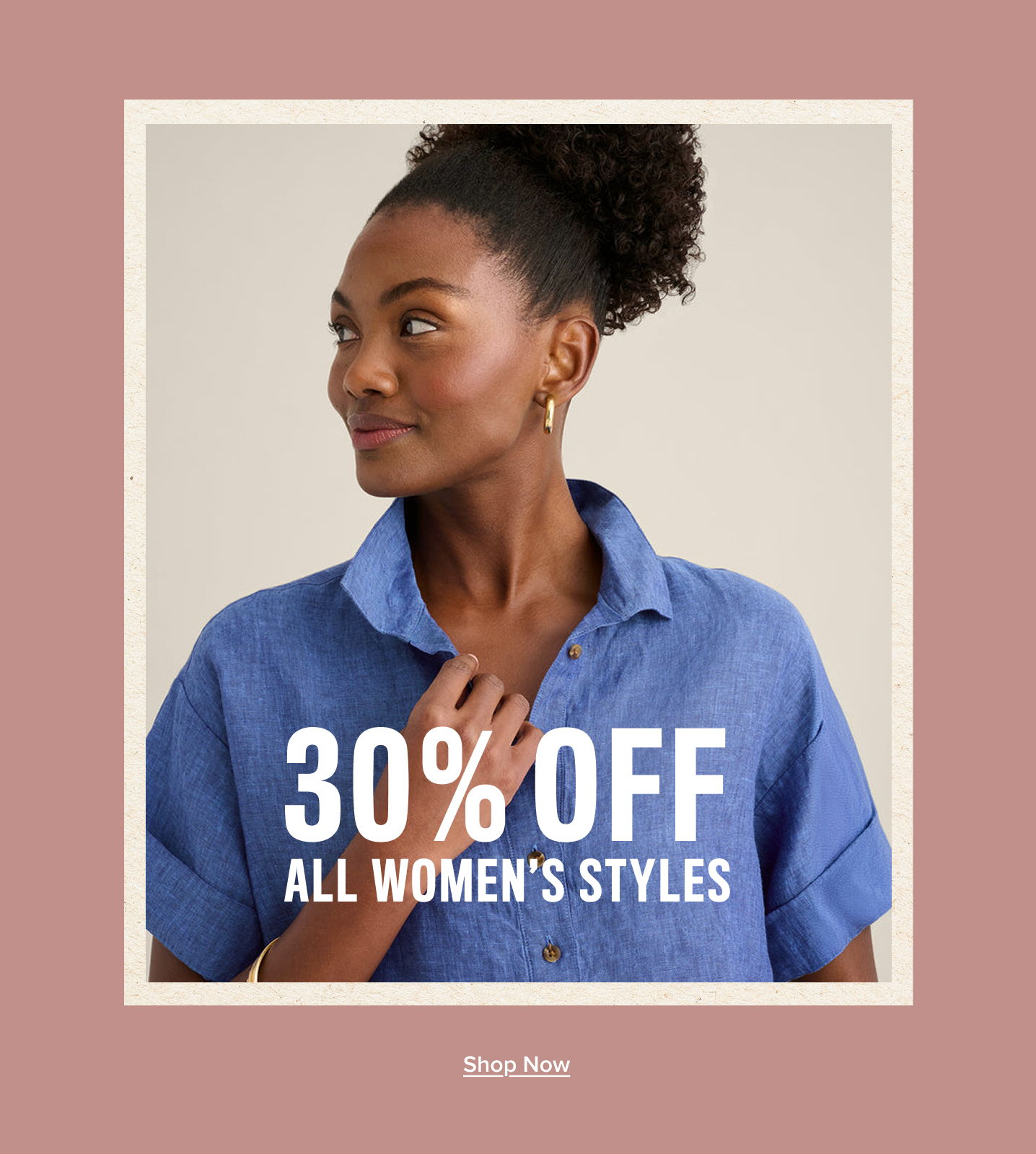 Woman wearing a blue shirt with a 30% off sale text.