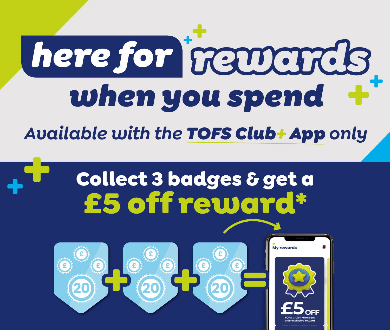 Here for rewards when you spend.  Available with the TOFS Club+ App only. Collect 3 badges & get a £5 off reward*