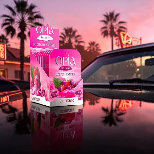 A box of Opia products against a sunset background with palm trees.