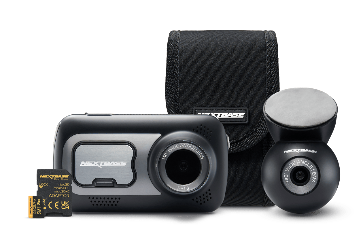 A dashcam with a camera, mount, and carry case.