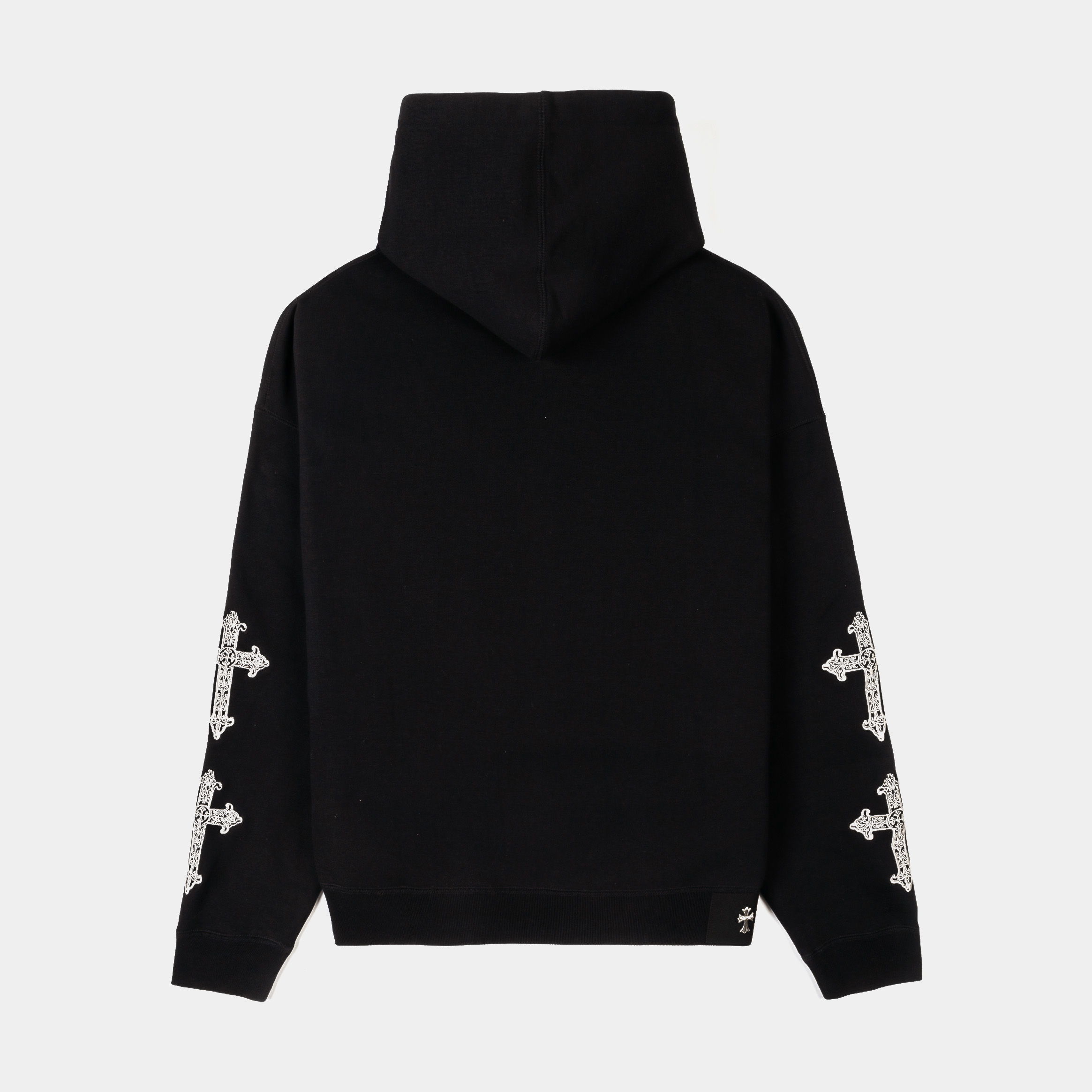 Black zip-up hoodie with embroidered designs on the front and sleeves.