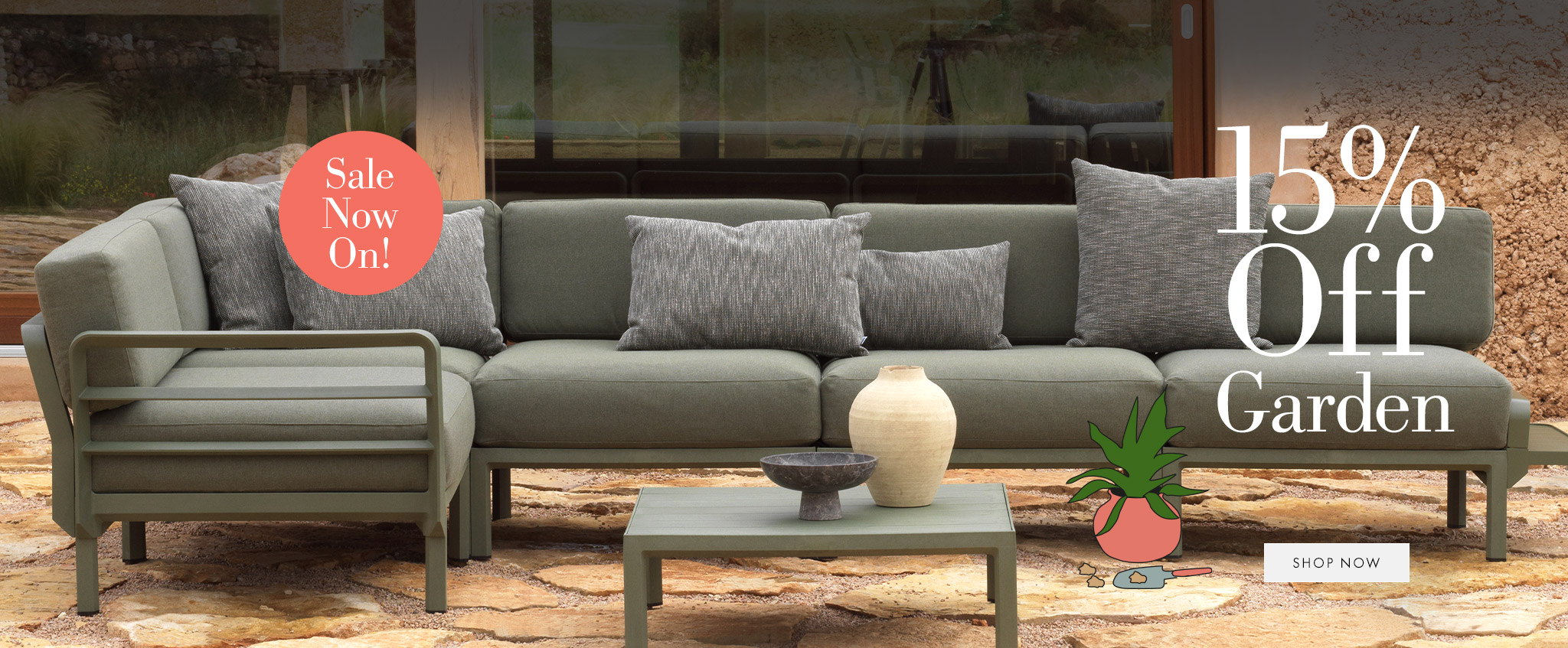 Get 15% Off outdoor furniture for a limited time banner with outdoor sofa