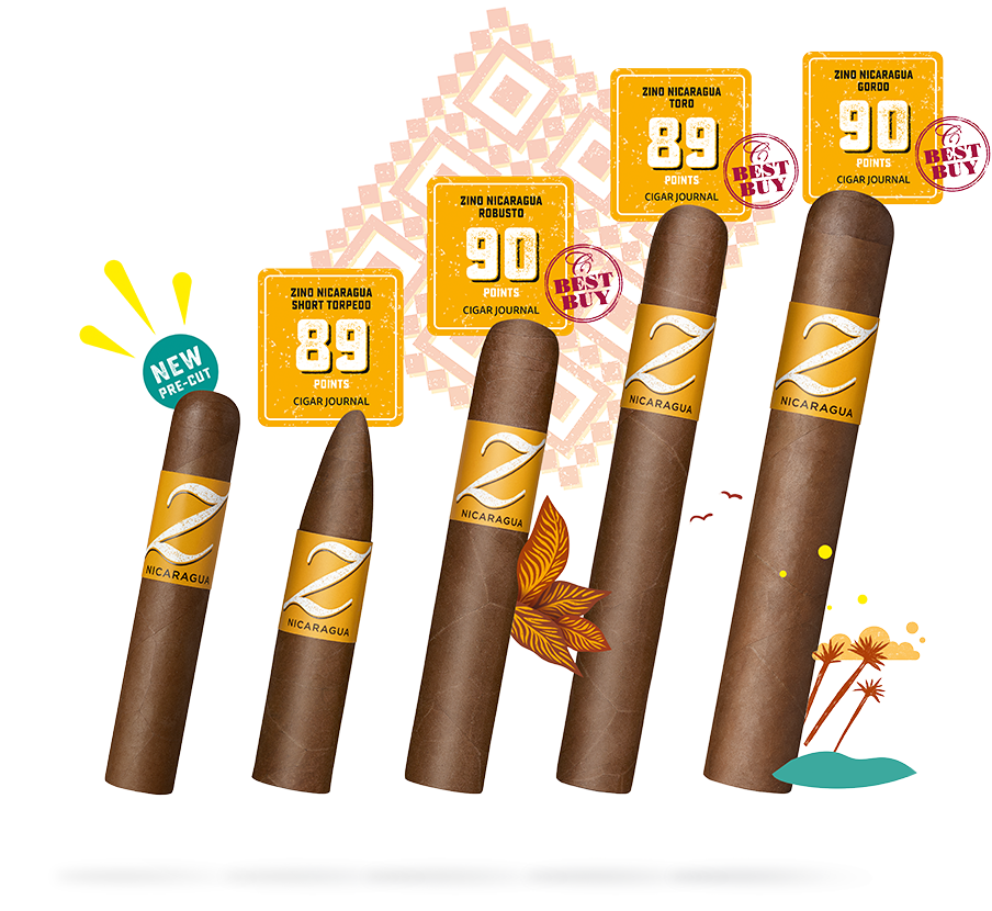 The Zino Nicaragua line cigars all placed next to one another. From left to right: Half Corona (pre-cut), Short Torpedo, Robusto, Toro, Gordo. 
