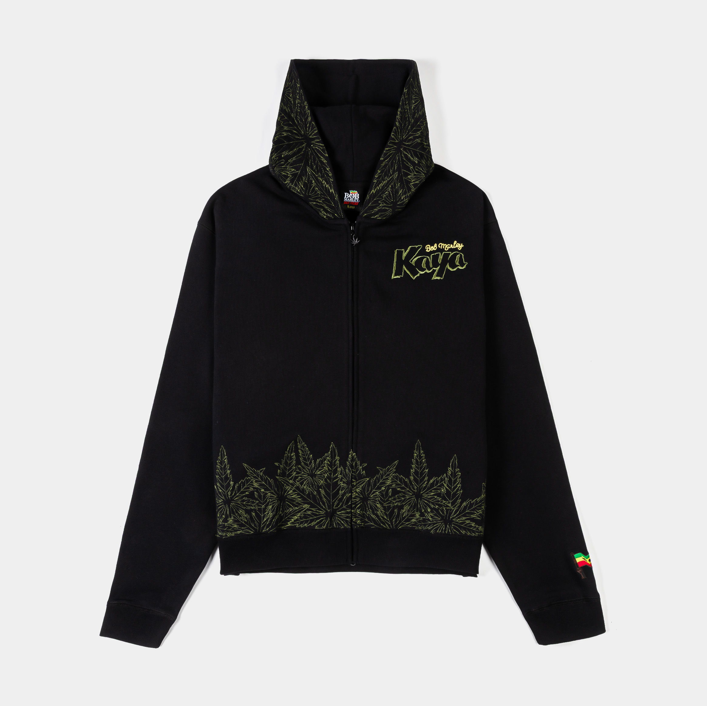 Black hoodie with green leaf design and logo on front.