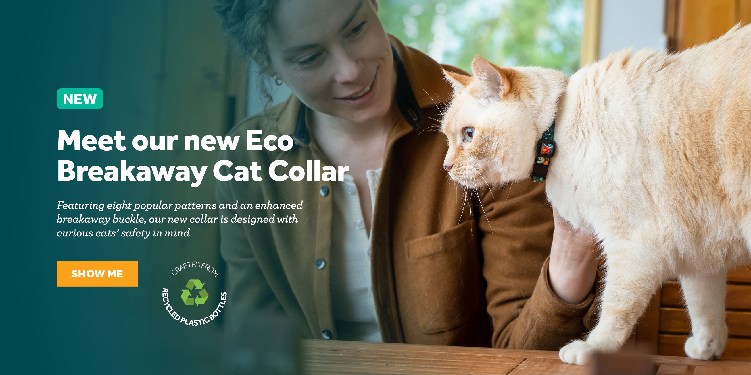 Woman interacting with a cat while promoting an eco-friendly collar.