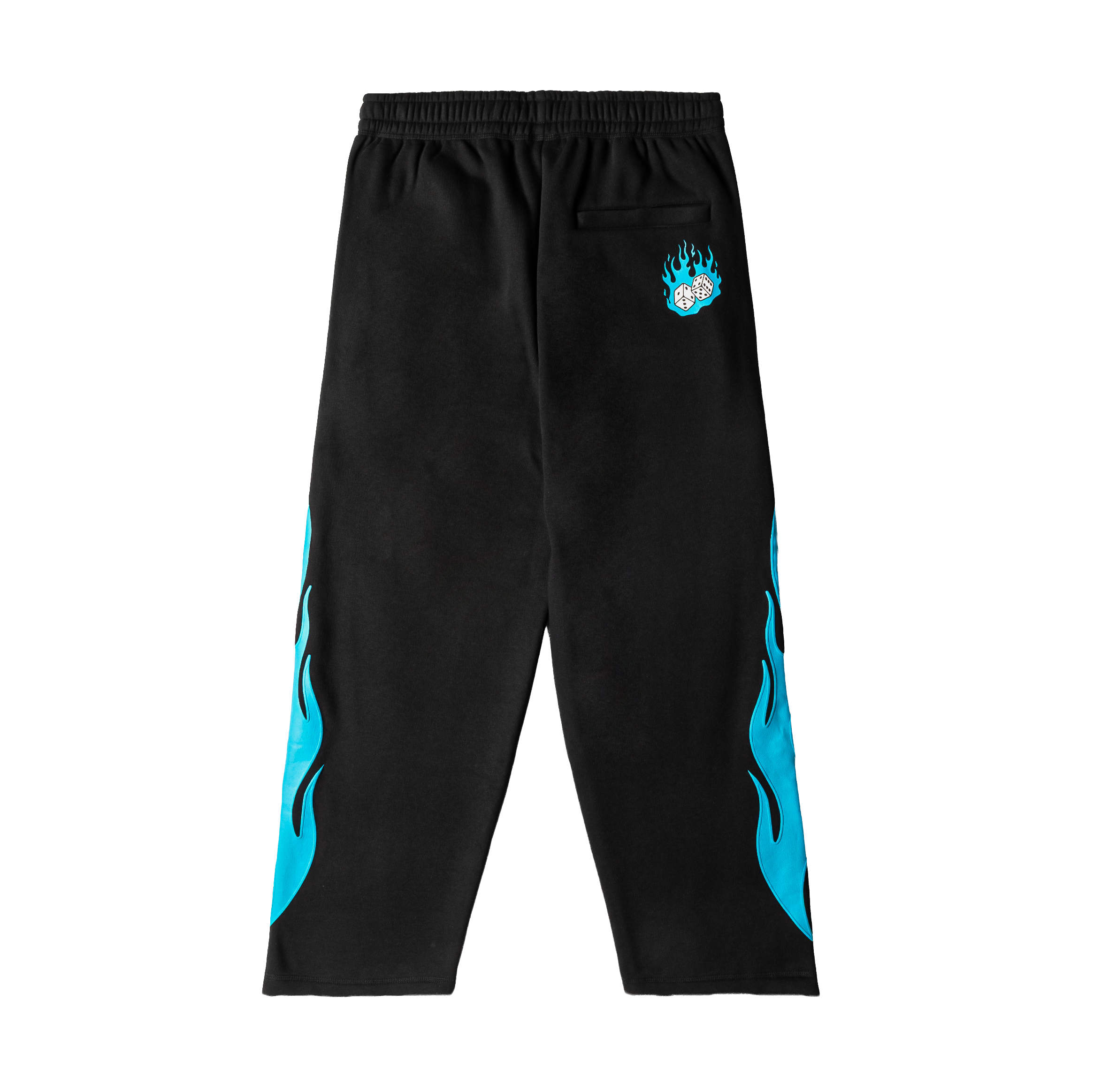 Black sweatpants with blue flame design and 