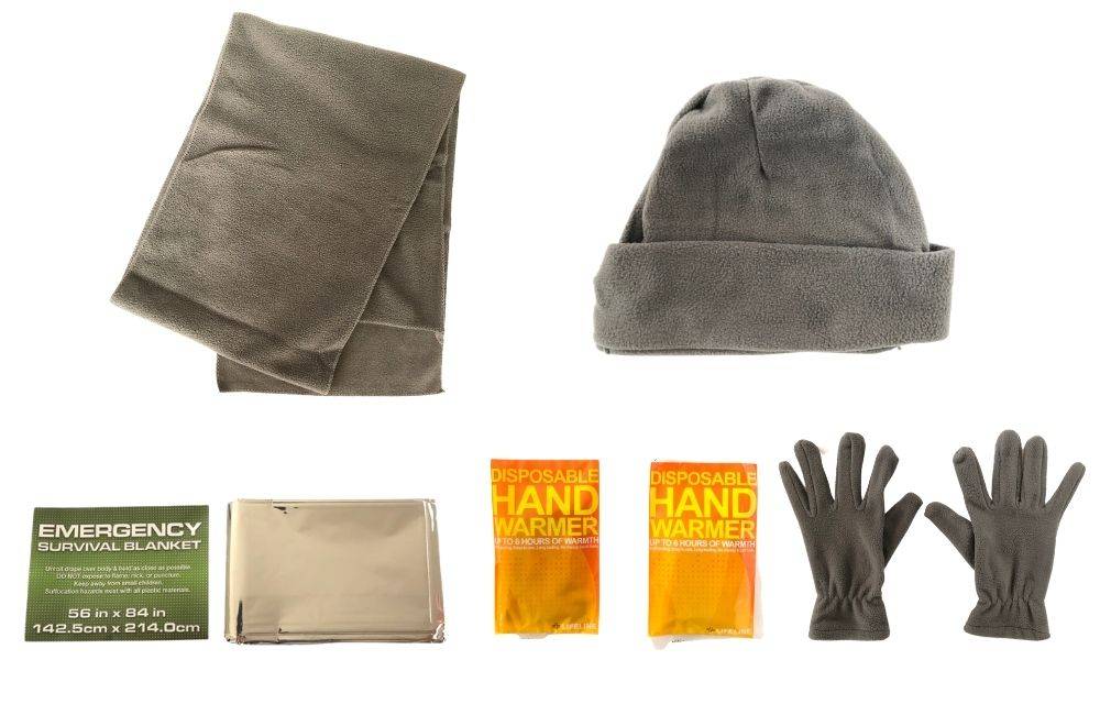 Warm clothing, hand warmers, blanket, and emergency blanket for a winter car emergency kit